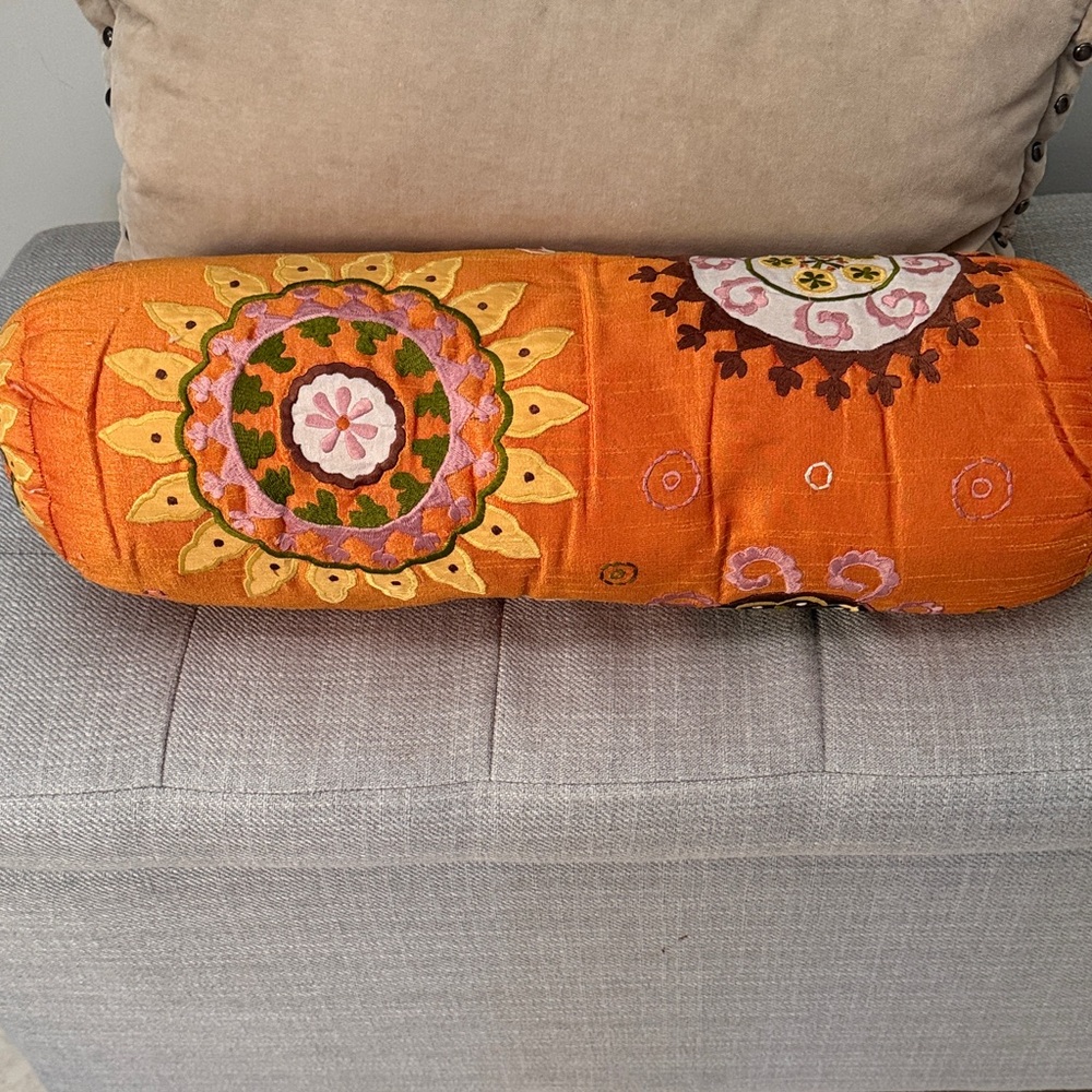 Anthropologie Orange Embroidered Bolster Pillow 19” long 6 “ tall.